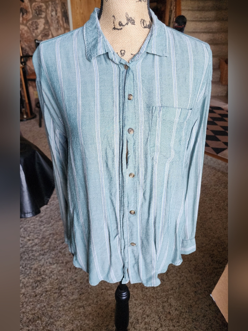 American Eagle Light Green Stripe Button-Up Shirt